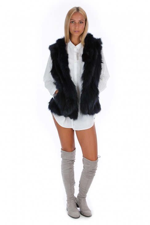Blogger fox vest black fur vest genuine fur fashion look