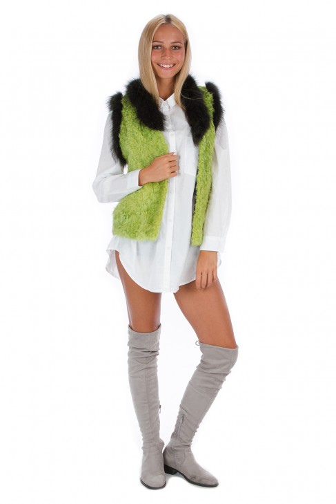Sheepskin vest green fox edging fur Fashion fur style
