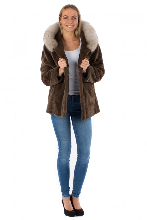 Fur coat jacket mink brown fur jacket with blue fox fur