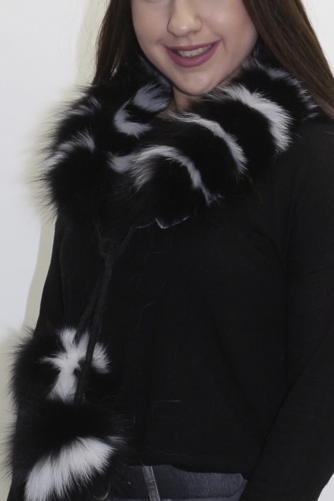Fur. Fur .Scarf .Blue Fox Roll black and white with pompom