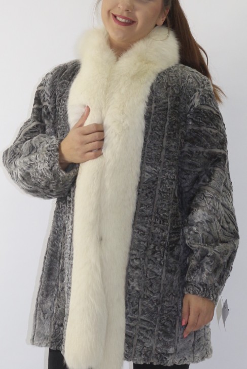 Fur jacket Persian gray with blue fox border
