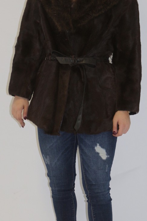 Fur jacket foal brown with natural raccoon collar