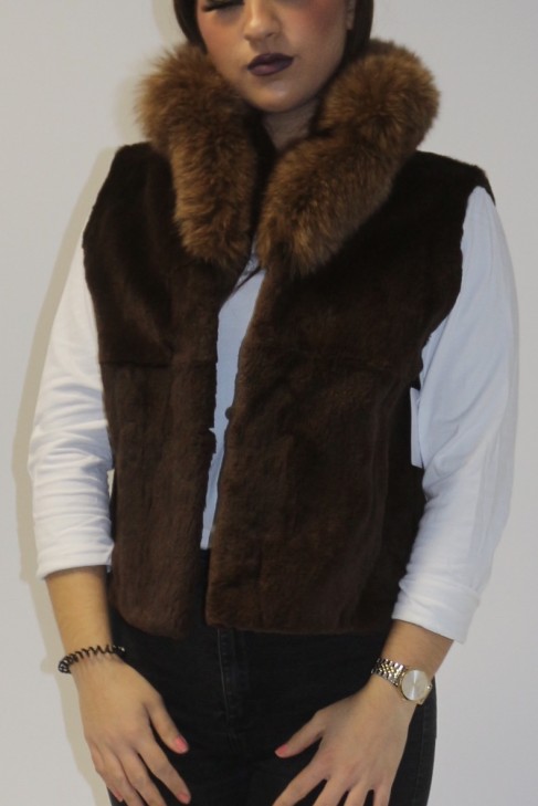 Fur vest rabbit fur shorn brown with blue fox collar