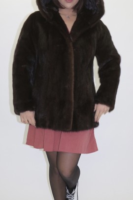 Fur jacket mink with hood brown