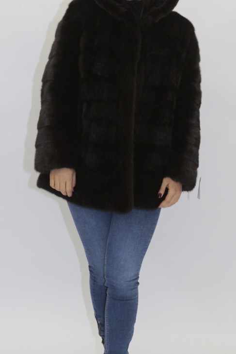 Fur jacket mink cross brown with hood